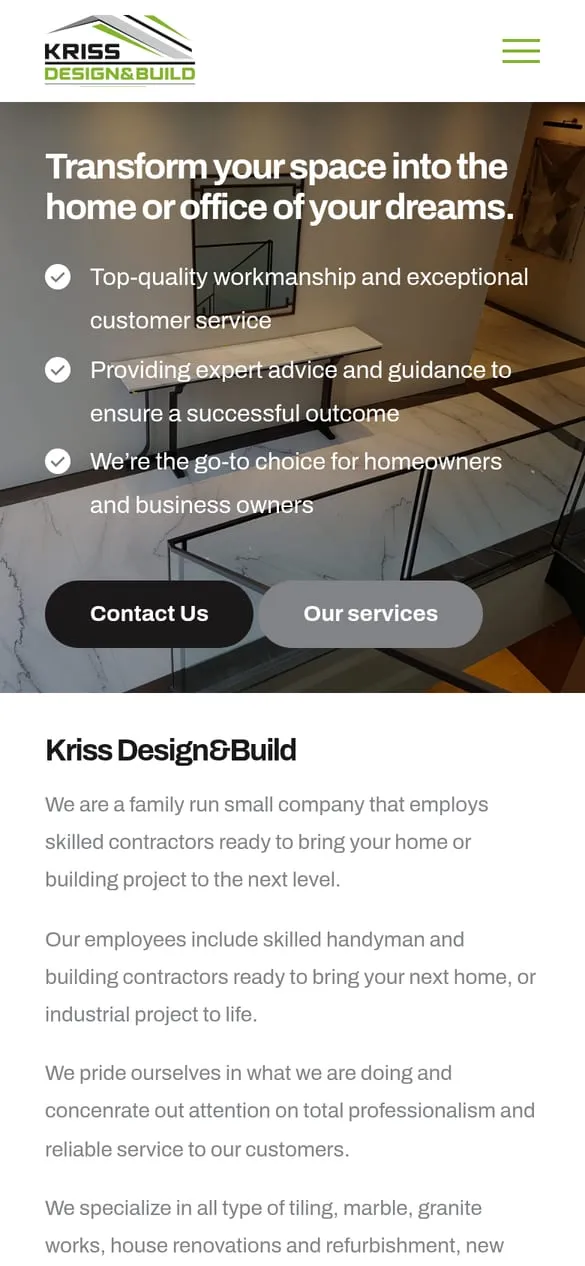 Kriss Design & Build — widok strony na telefonie