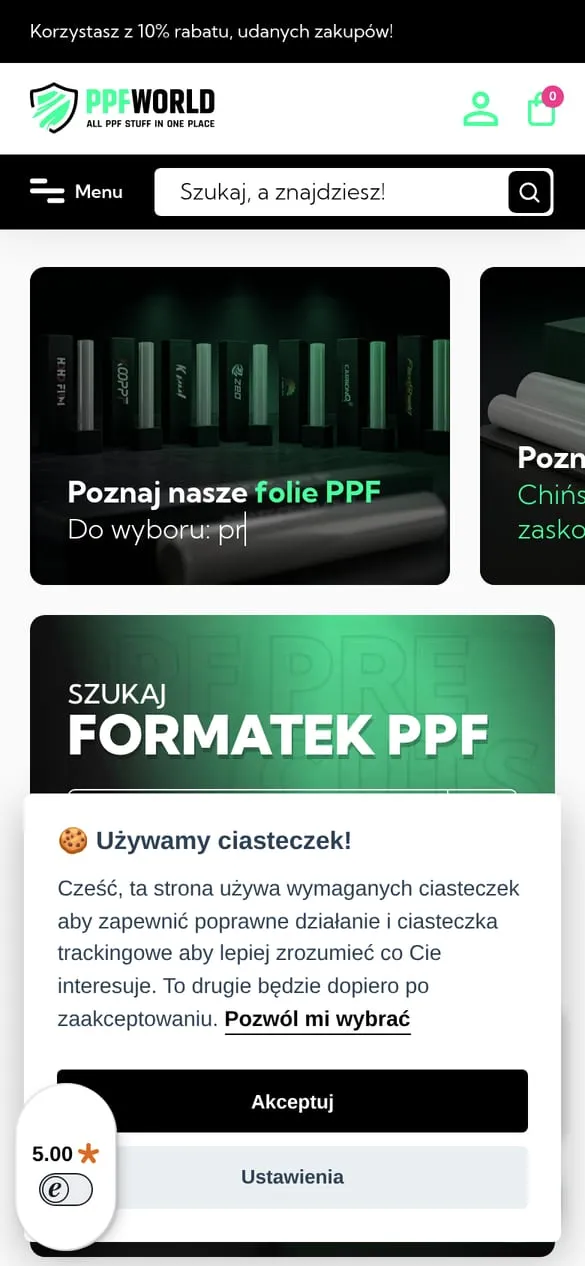 PPF World — widok strony na telefonie