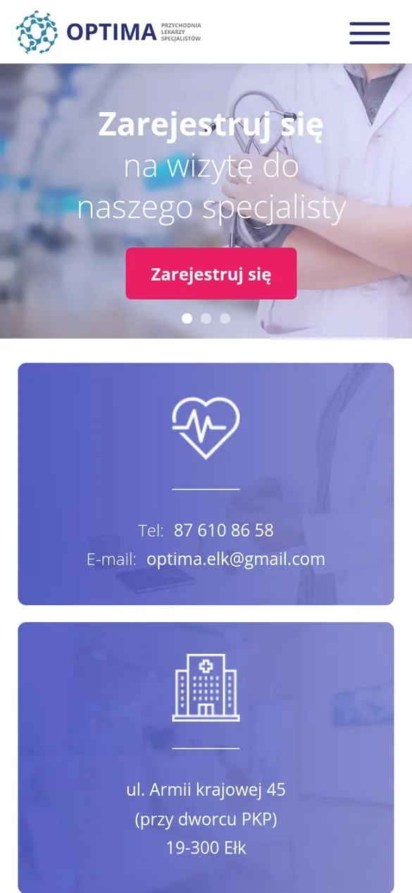 Przychodnia Optima — widok strony na telefonie