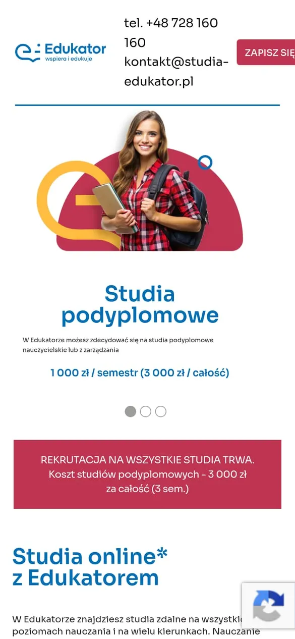 Studia Edukator — widok strony na telefonie