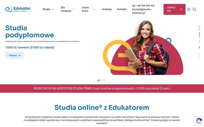 Studia Edukator — widok strony na komputerze